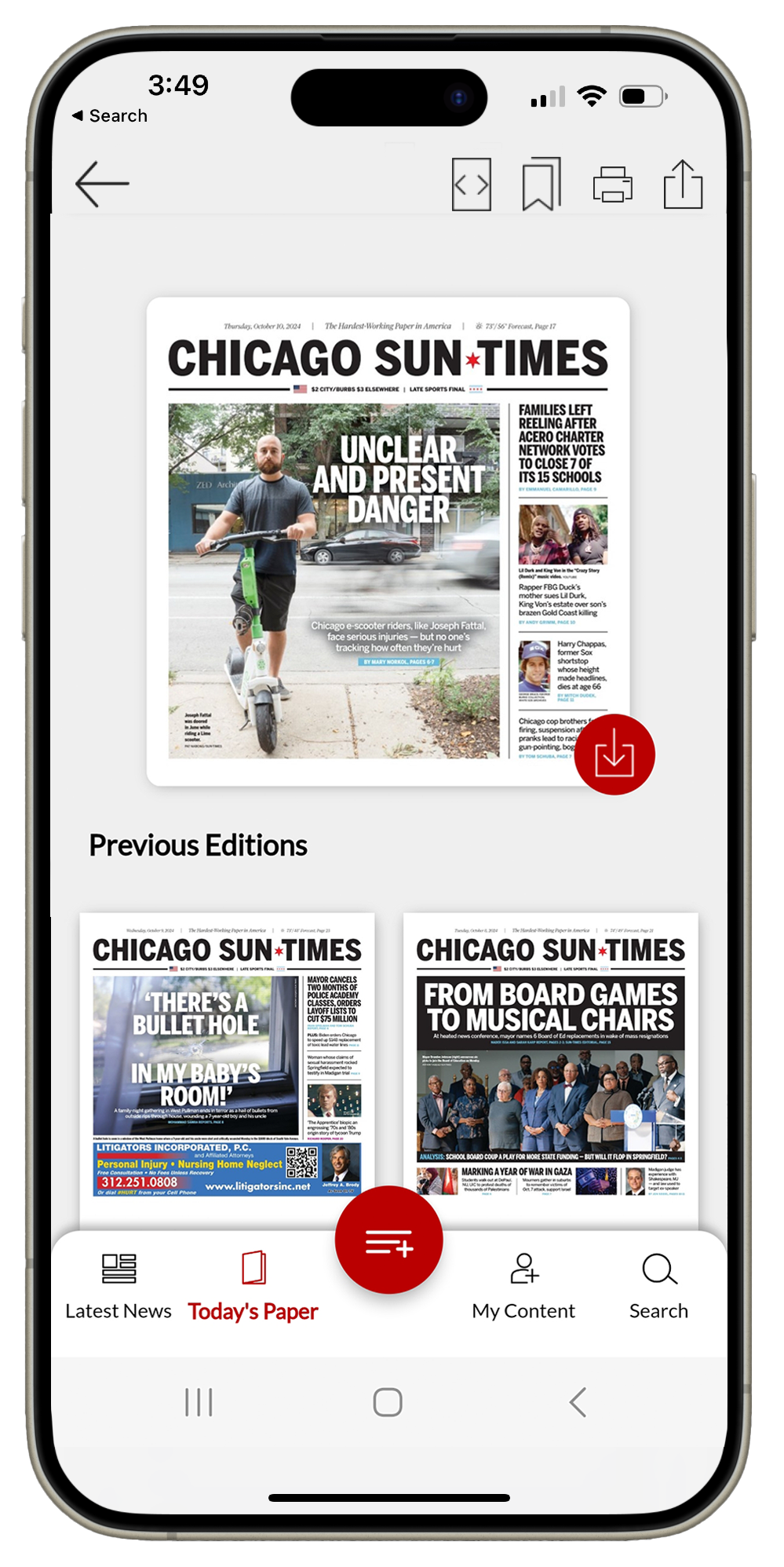 iPhone displaying Chicago Sun-Times E-Paper